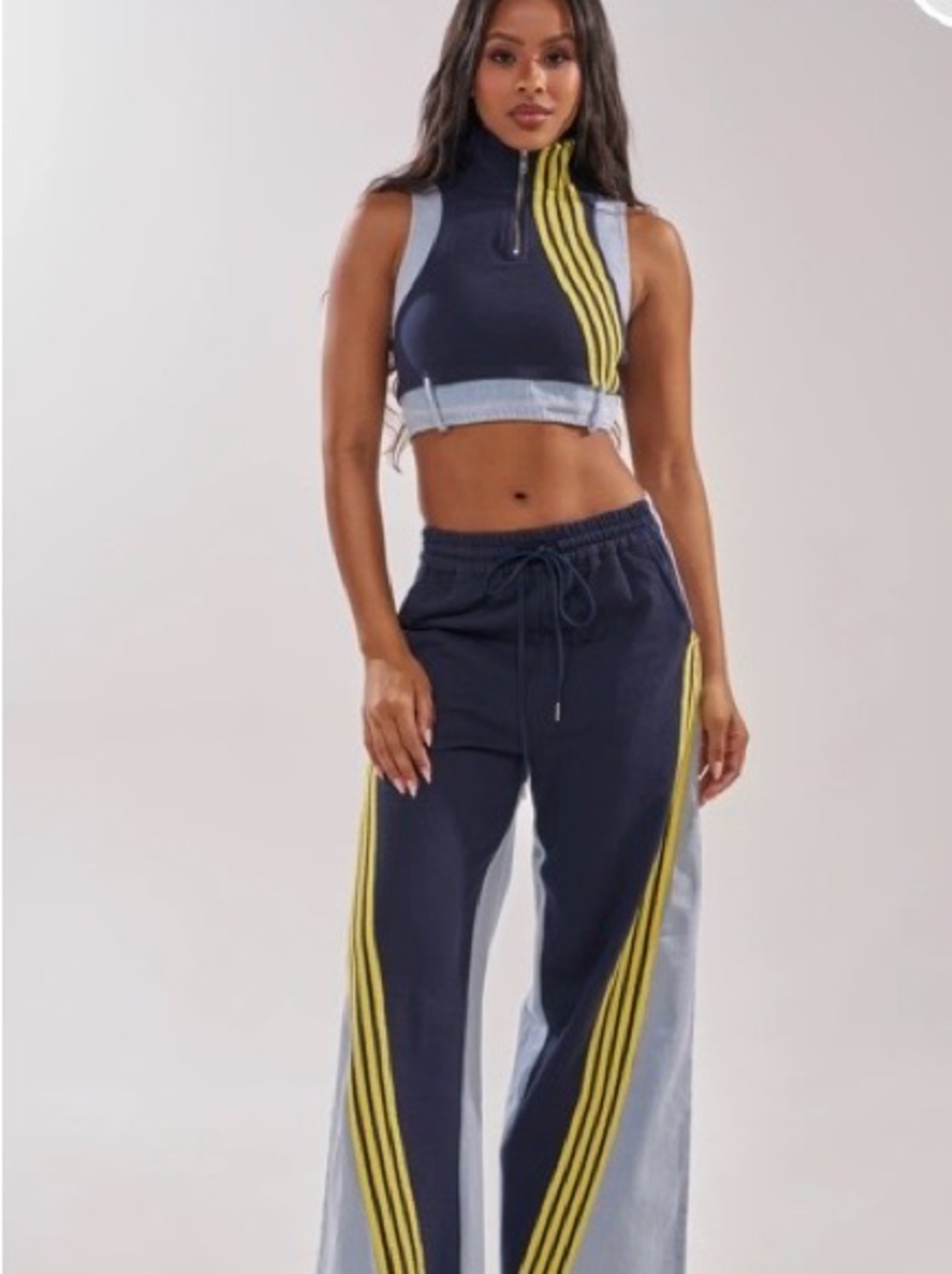 Navy & Yellow Striped Wide-Leg Track Pants